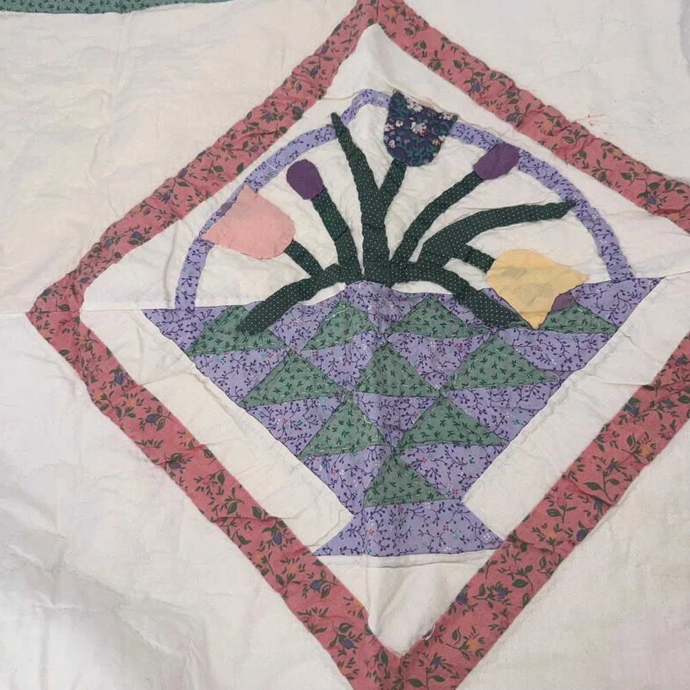 2 Quilted Pillow Shams basket of tulips in green, pink, and purple fabrics